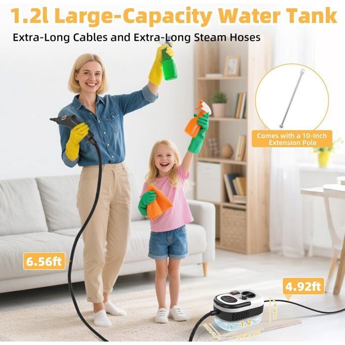 Nettoyeur vapeur pour la maison et la voiture, nettoyeur vapeur à 3 niveaux de puissance réglable, 2500 W, grand réservoir de 1,2 L