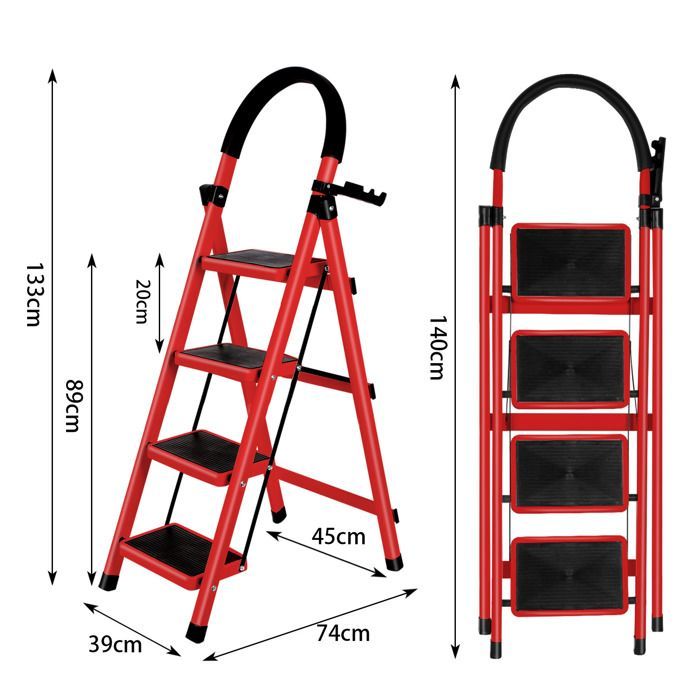 Rouge - 133cm Escabeau Pliant à 4 marches en Acier, Echelle avec Poignée et Marchepied Antidérapant, Capacité 150KG Chargé