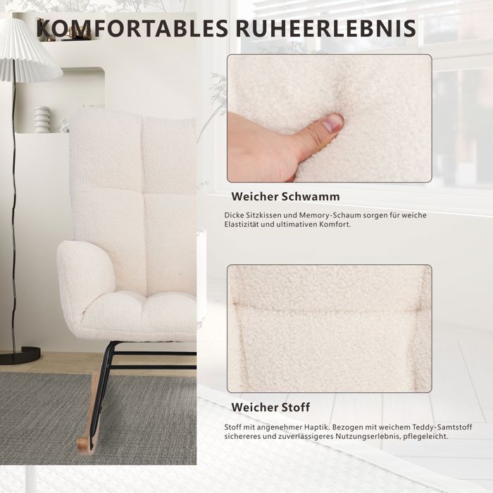 Mecedora, mecedora con forro polar Sherpa, silla de lactancia, con patas de madera maciza, blanca.