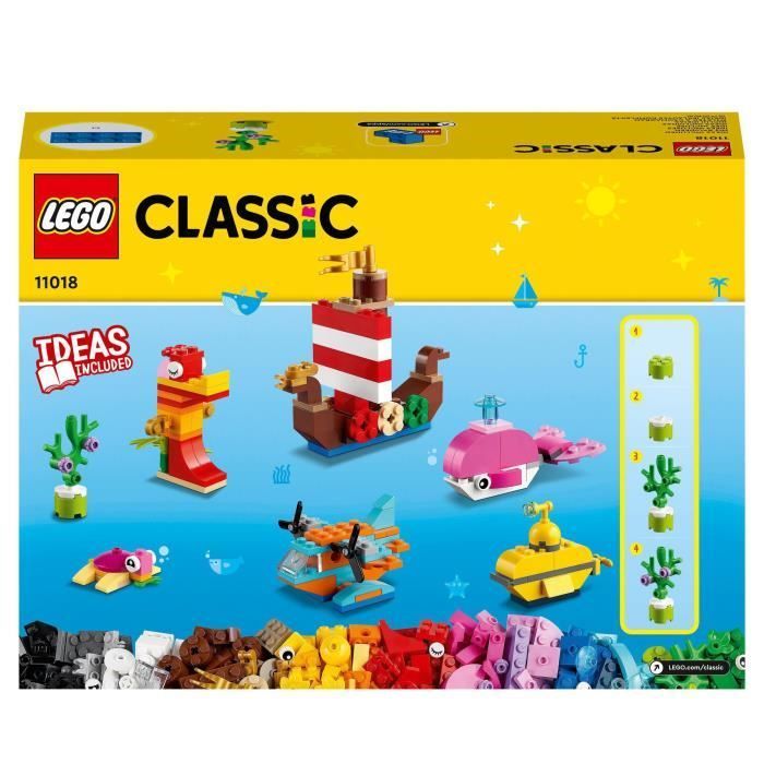 LEGO® 11018 Gioco creativo classico nell'oceano, scatola di mattoncini, 6 modelli in miniatura di una barca, un sottomarino e una balena