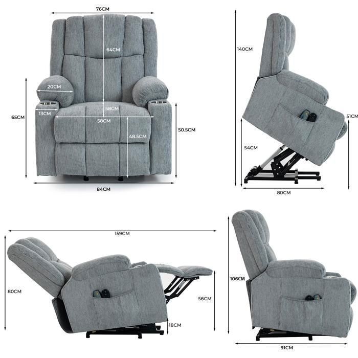 Sedia a rotelle elettrica regolabile (grigio chiaro): ausilio per alzarsi, massaggio, riscaldamento, poggiapiedi, 2 tasche, portabicchiere (per anziani)