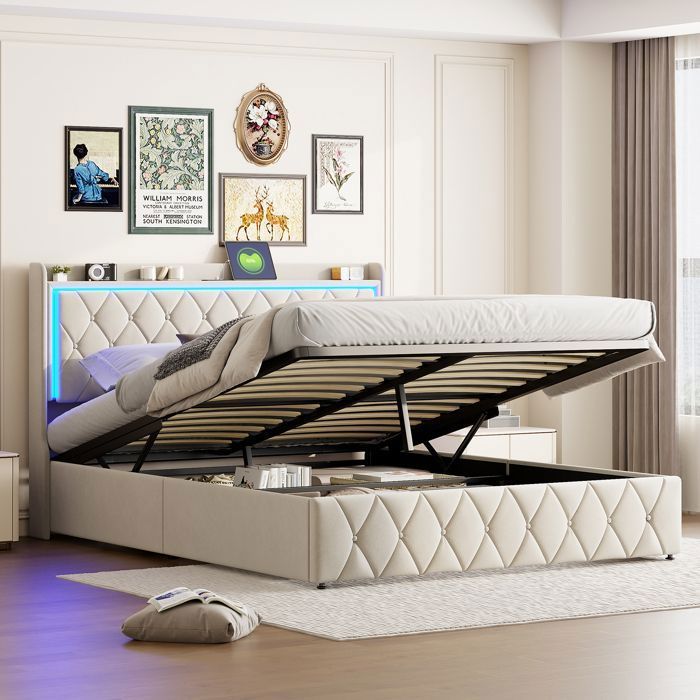 Cama doble de 140 x 200 cm con cabecero y somier de láminas, tapizada con iluminación LED y puertos USB, estructura de cama de 140 x 200 cm, terciopelo, color beige.