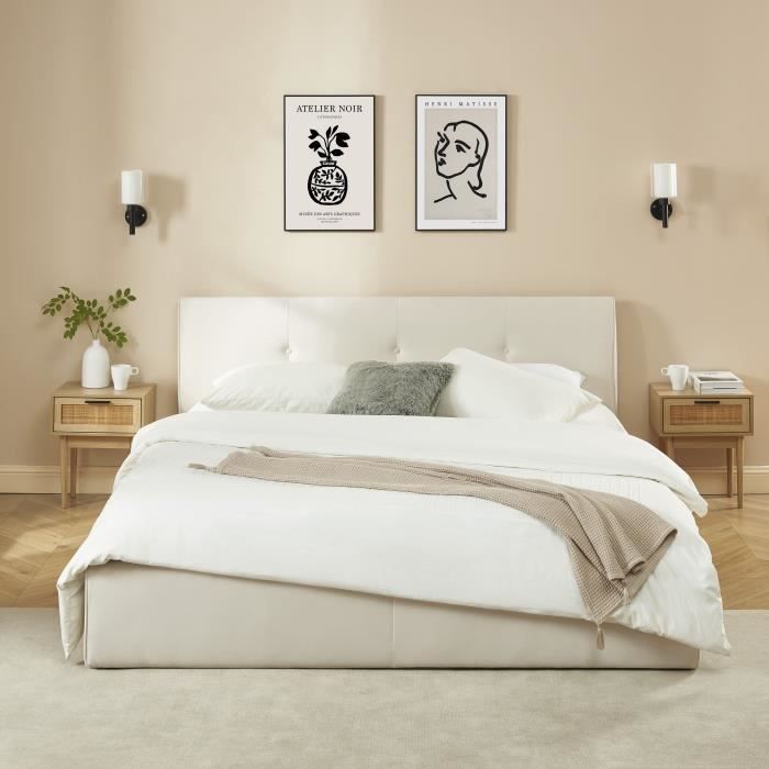 Cama con almacenamiento - BAÏTA - Gama SEGURO - Terciopelo color crema beige - 180 x 200 cm, somier de láminas incluido