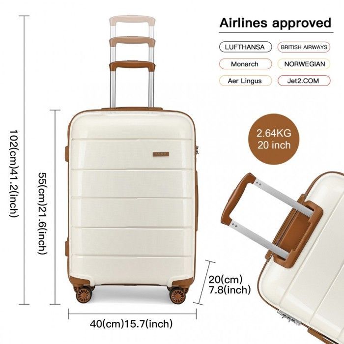 Maleta de cabina Kono de 55x40x21cm, ligera, de polipropileno, con carcasa rígida, 4 ruedas y cerradura TSA, color crema.