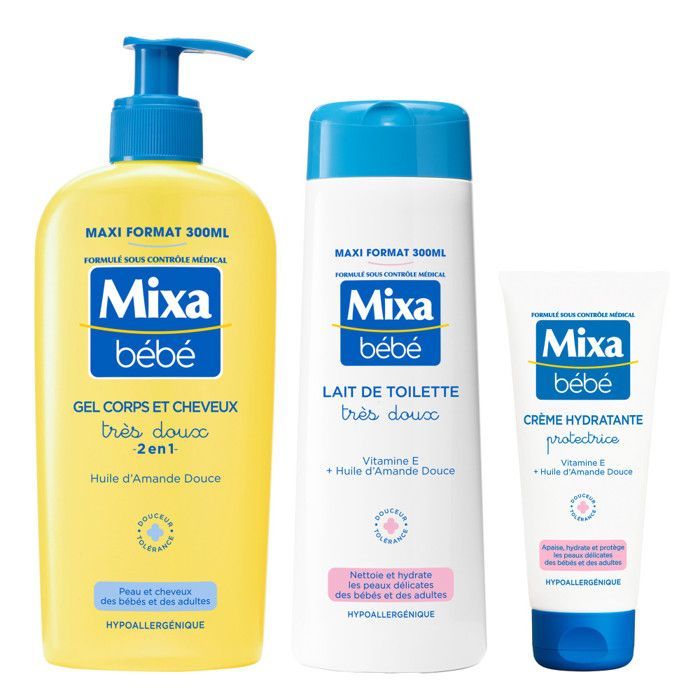 Mixa Bébé Toilette, Bain et Soin -  Lait de Toilette - Gel Lavant Corps et Cheveux  - Crème Hydratante Protectrice