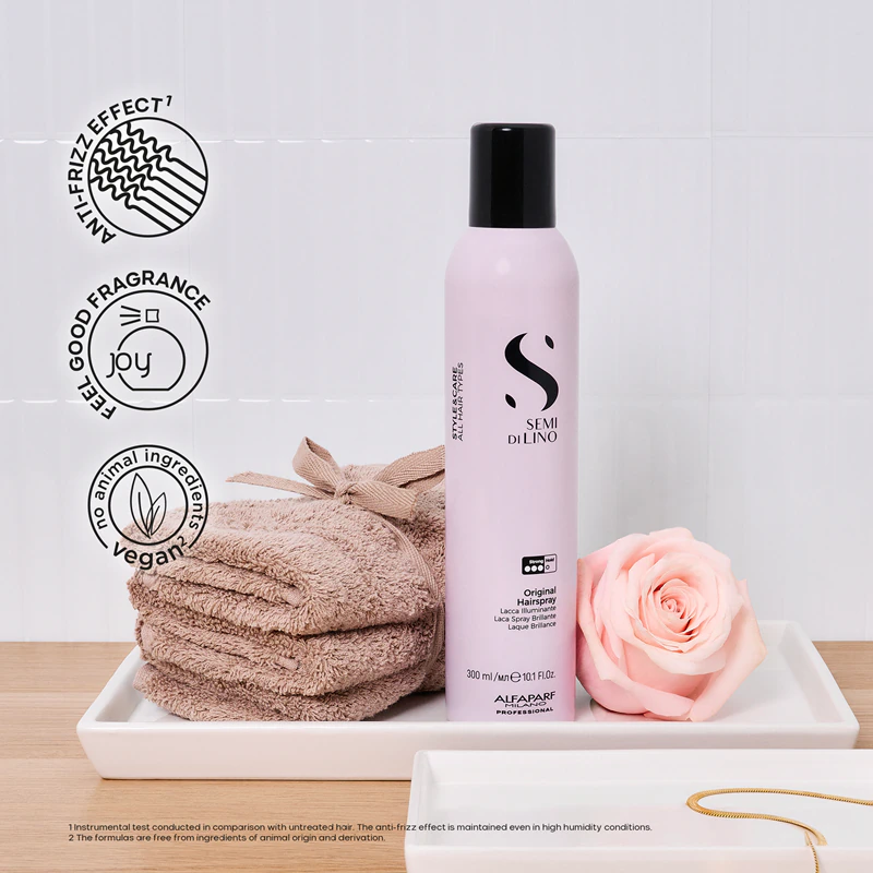 Spray de cabelo Alfaparf Milano Semi di Lino Style&Care Original com brilho intenso.