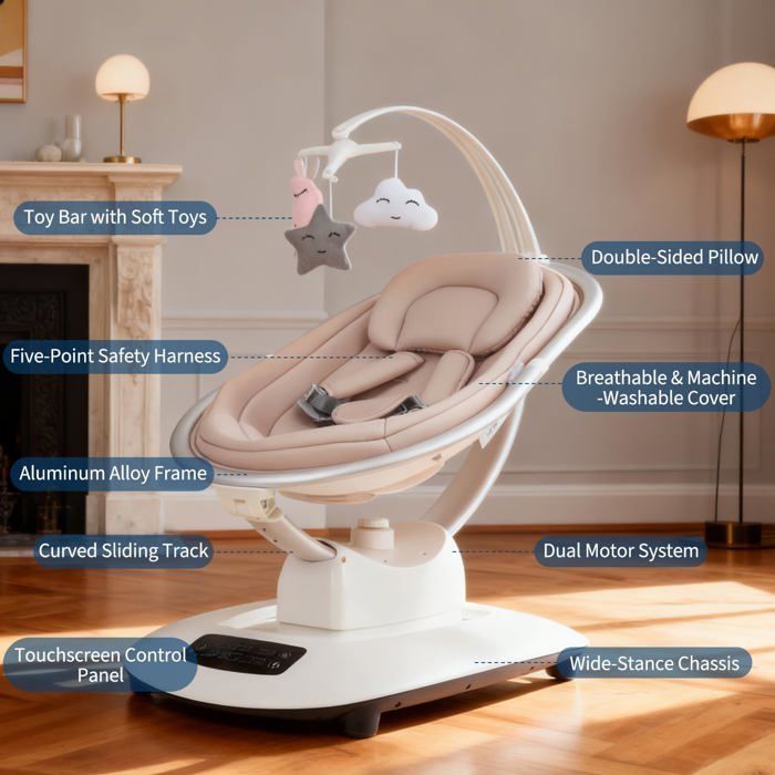 Columpio eléctrico para bebé - Control remoto inteligente - Tecnología de balanceo 5D - Modo de inclinación adaptativo - Beige