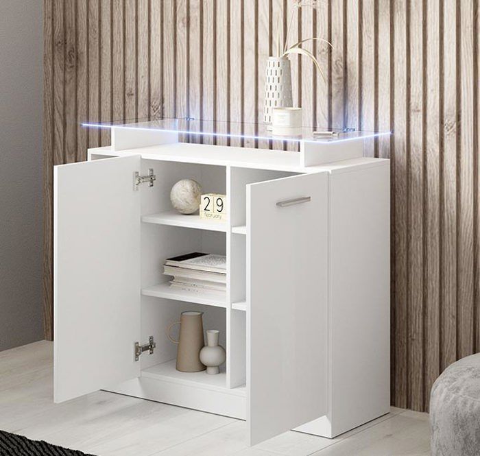 Garderobenschrank mit 2 Türen | Hochglanzweiß | Glasablage und LED-Beleuchtung | B 97 x T 35 x H 87 cm | Modell Paola 2P