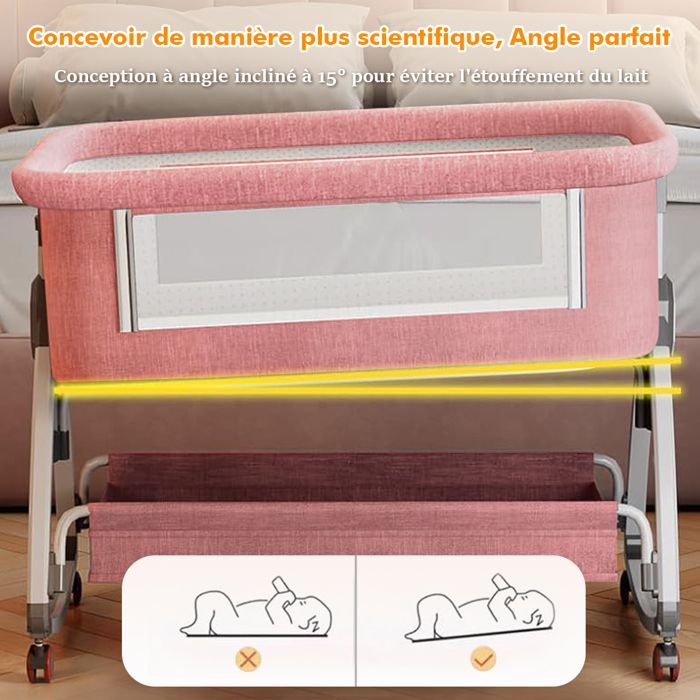 Lit Bébé Berceau Cododo avec Matelas, Panier de Rangement, Sangle Fixe, 6 Hauteurs Réglables Lit Cododo pour Bébé 0-18 Mois - Rose