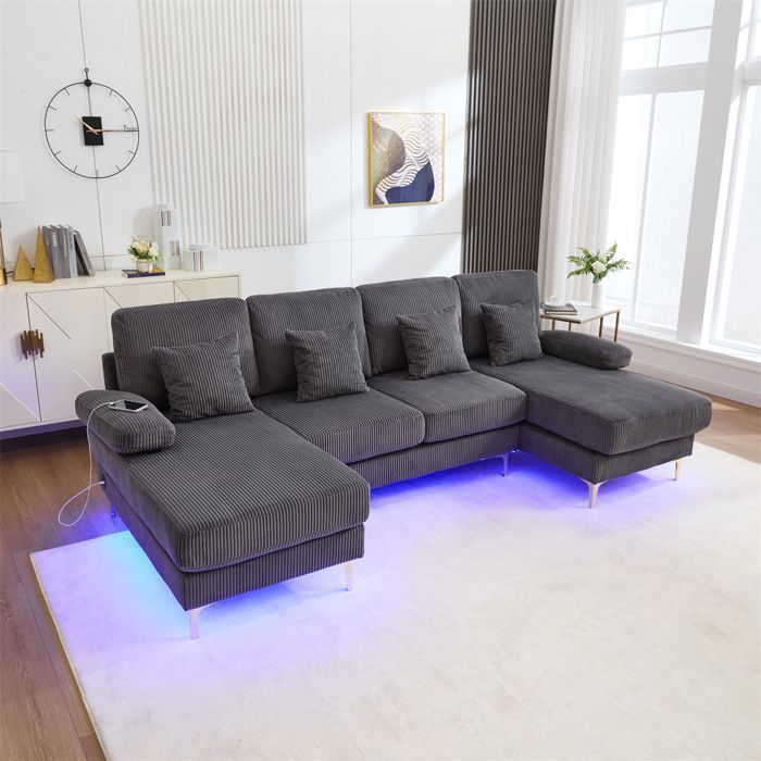 Sofá moderno en forma de U de DRIPEX para 4/5 personas con iluminación ambiental LED y puerto USB-C, incluye 4 cojines, color gris.