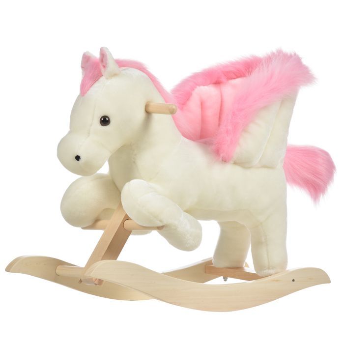 Caballo balancín - HOMCOM - Función musical, silla de montar suave y cómoda de felpa para niños de 18 a 36 meses - Madera - 70x28x57cm - Rosa