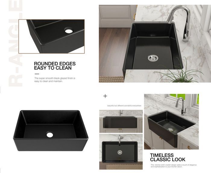 Fregadero de cocina estilo granja MEJE negro de 84 x 54,8 cm - Fregadero de cerámica de un solo seno estilo granja - Delantal negro mate