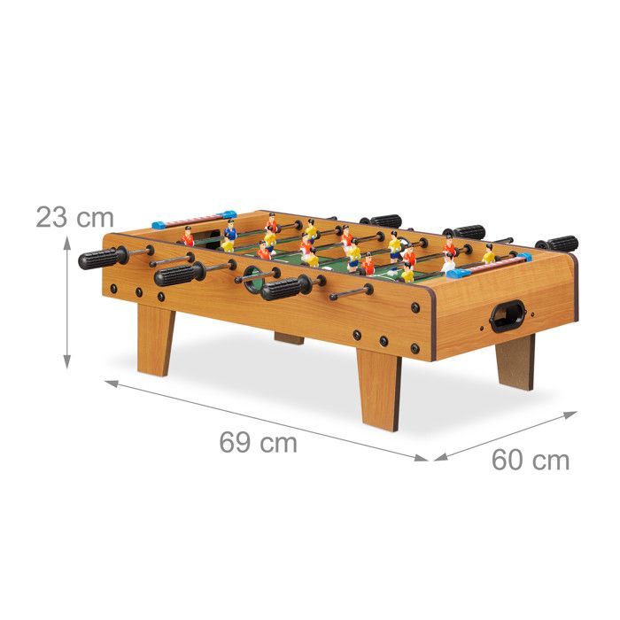Mesa de futbolín Relaxdays Mini para niños y adultos, juego de fútbol de viaje, 69 x 37 cm, verde-marrón