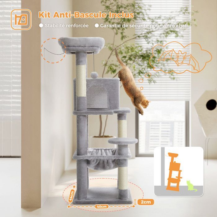 PAWZ Road krabpaal, ruim ontwerp, grote, stevige en stabiele hangmat met hangmat en prachtig kattenhuis - middelgroot, grijs, 116 cm