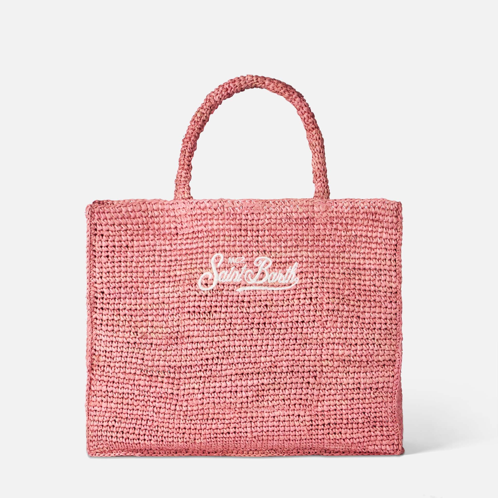 Vanity Pink Raffia Schoudertas met Witte Saint Barth Borduurwerk | 36cm x 29cm x 20cm | MC2 Saint Barth