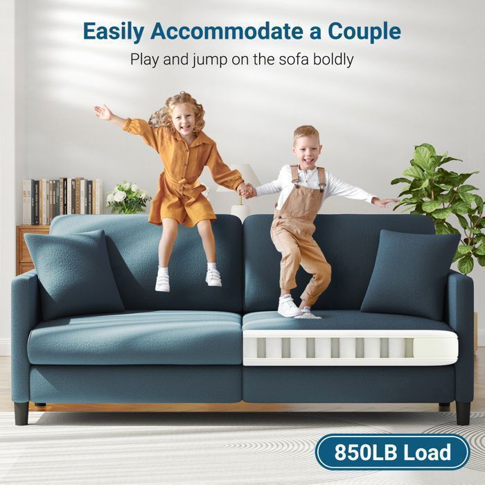 3-Seater Teddy Velvet Sofa in Blue Grey for Living Room, Bedroom, Scandinavian Style with 3 Cushions, 2 Pillows, 193×78×85CM