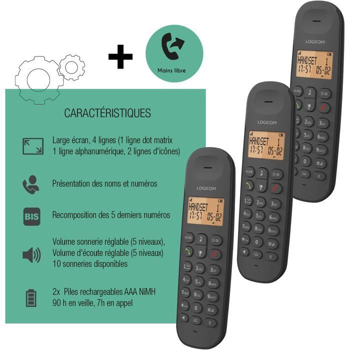 FLEUVE-Telephone Fixe-Iloa 350-DECT sans Répondeur-Trio-Analogique et DECT-Noir