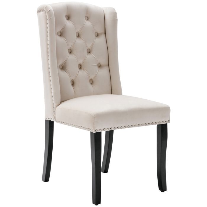 Lot de 6 Chaises de salle à manger en Velours,Chaise Rembourrée avec pieds en chêne,Garniture en Tête de Clou,Beige
