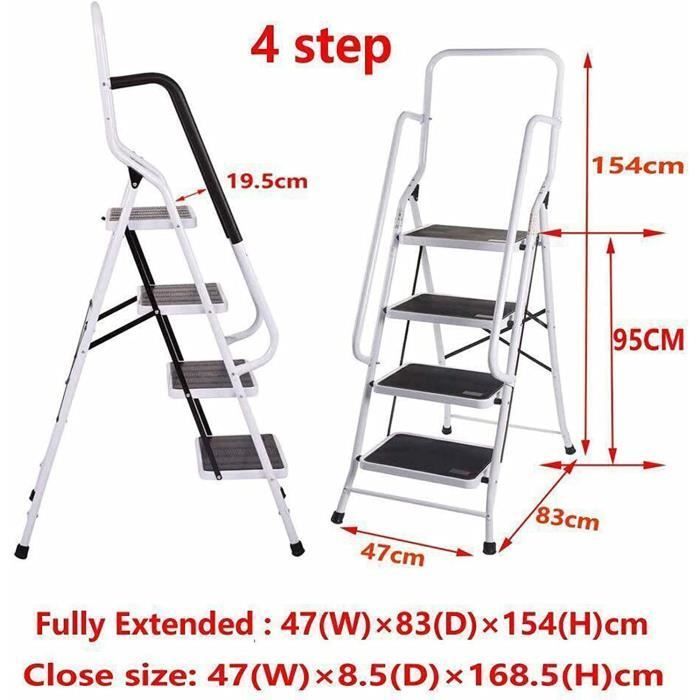 Folding 4-step stepladder with handrail, steel. Folding stepladder. Household stepladder up to 150 kg with anti-slip mat.