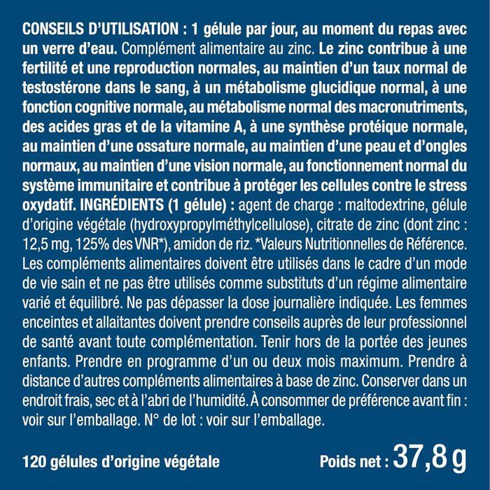 Zinc - 120 Gélules (Cure de 4 mois) Made in France - NUTRIMEA