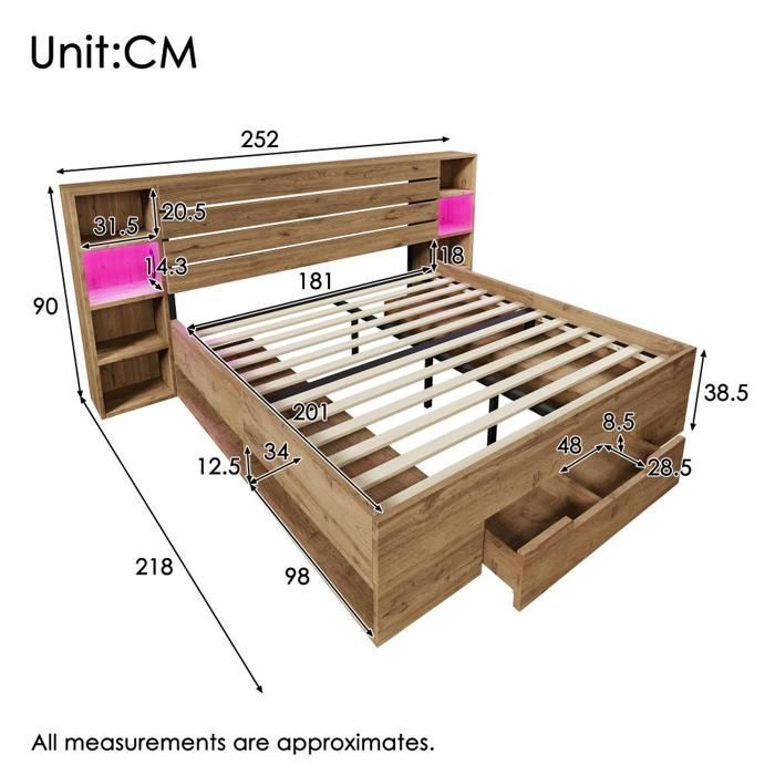 Conjunto de cama de carvalho 180x200 cm com iluminação LED, porta USB-C e gavetas de arrumação.