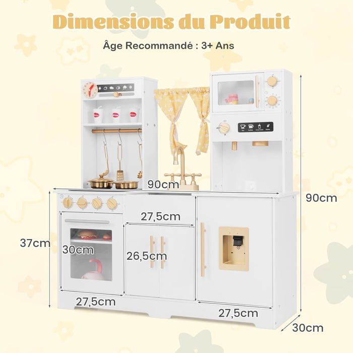 COSTWAY Cuisine de Jeu pour Enfants 3 Ans+ avec 6 Accessoires, Cafetière, Micro-ondes, Four, Sons et Lumières Réels, 90 x 30 x 90