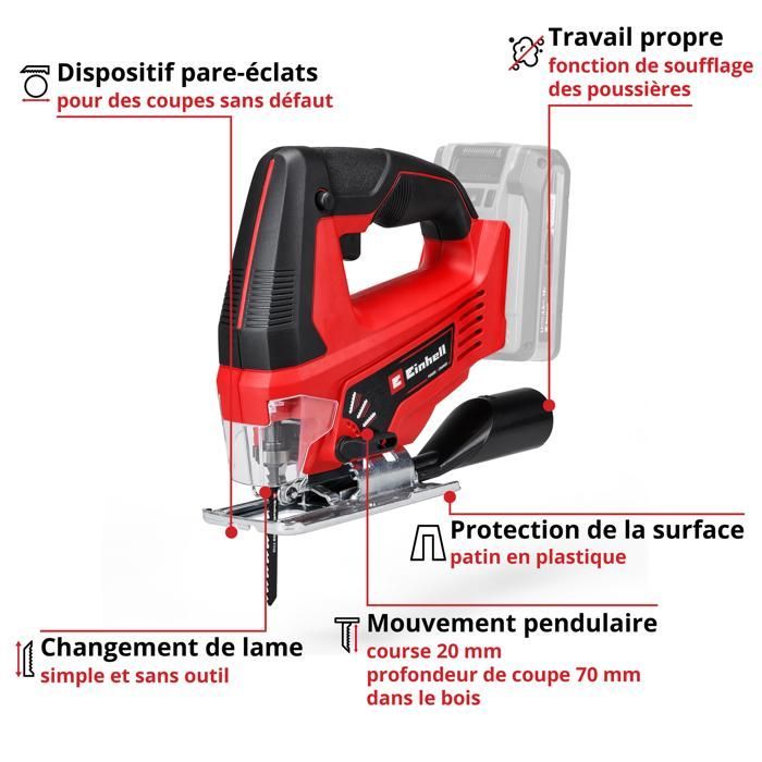 Einhell Scie sauteuse sans fil TC-JS 18 Li - Solo PXC (18V) Livré sans Batterie ni Chargeur
