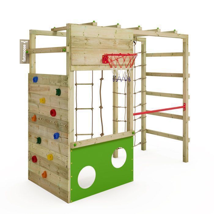 FATMOOSE CleverClimber Club XXL area giochi in legno con parete da arrampicata e canestro da basket - verde mela - 10 anni di garanzia*