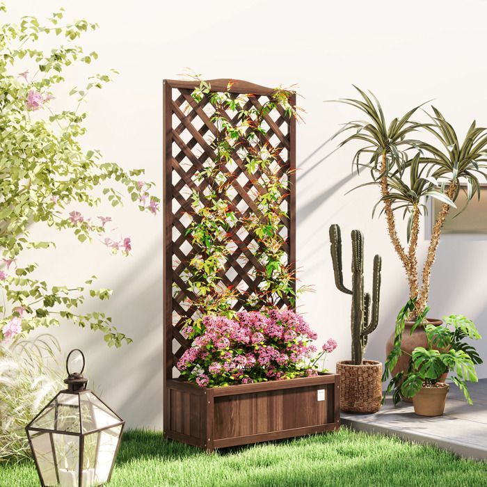 Planter with Trellis - Outsunny - 76 x 36 x 170 cm - Slatted Base - Dark Brown Pre-Oiled Fir Wood