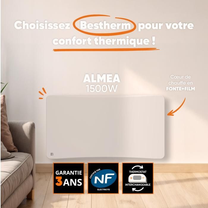 Fixed electric radiator with dry inertia - Dual heating core - BESTHERM - ALMEA 1500W - horizontal white
