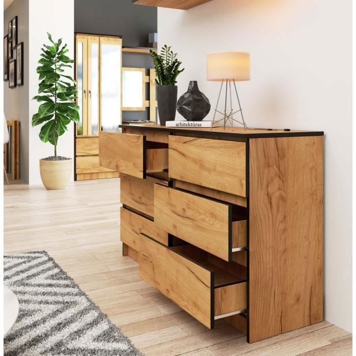 AKORD K120 Kommode, Eiche Craft, 120 cm, 6 Schubladen, Front aus Eiche Craft, 120 x 40 x 77 cm