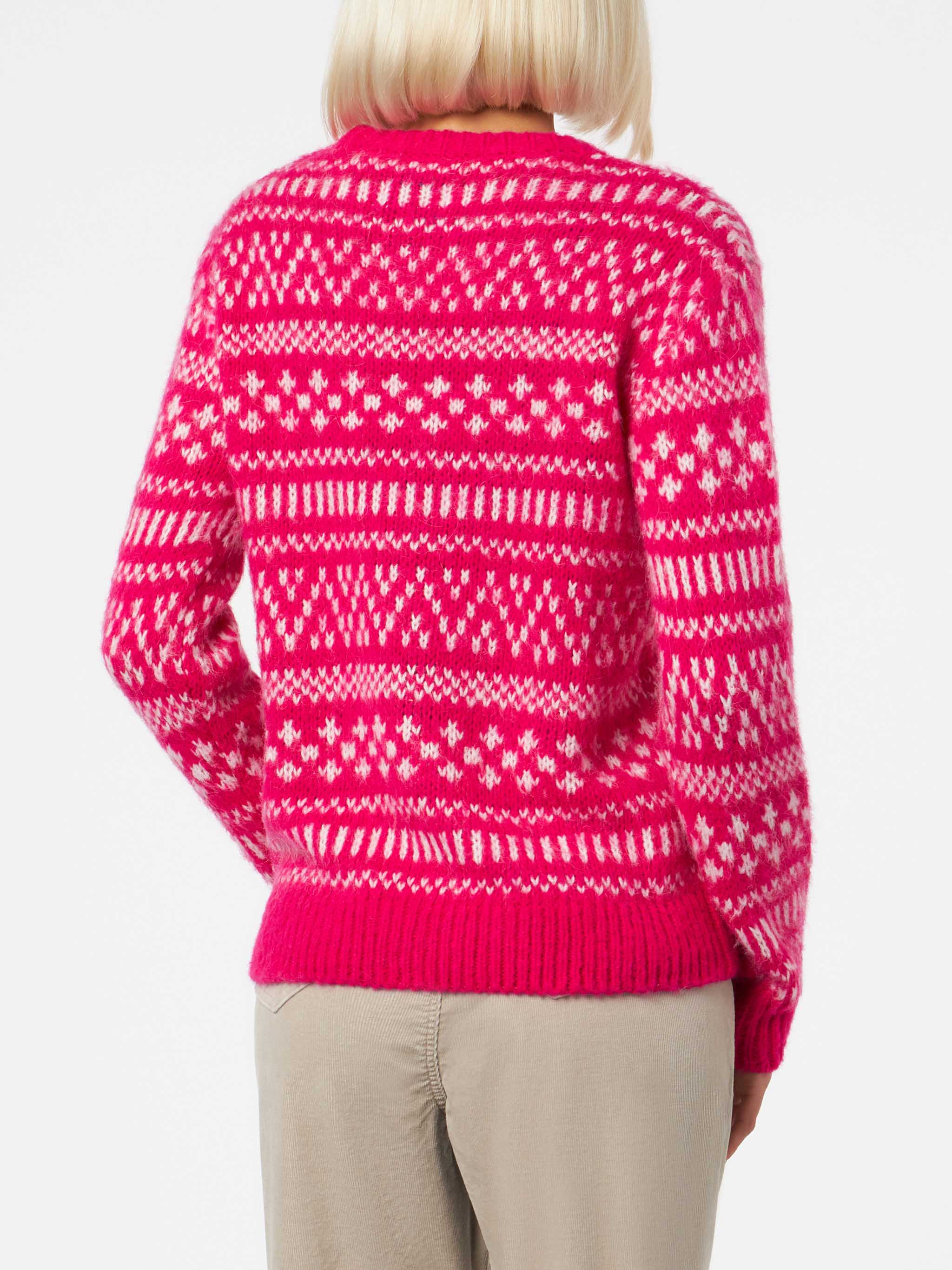 Damestrui met ronde hals, fair isle-print en Queen of Cha-borduurwerk.