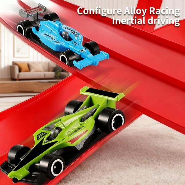 5M Flexible Kids Car Track, Inertia Racing Track with 4 Cars & 12 Suction Cups, Racing Game for Children 3+