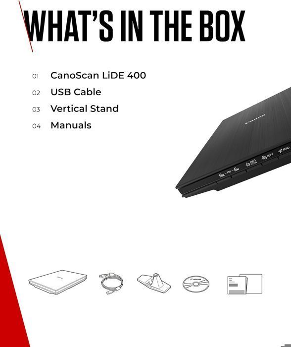 Scanner per documenti Canon LiDE 400, nero, design compatto con connettività USB Type-C, funzionamento semplice con un solo pulsante.