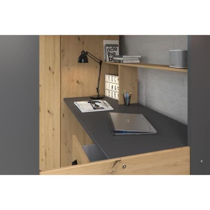 PARISOT HIGH Kinder-Hochbett – Eiche und Grau – Inklusive Lattenrost – 90 x 200 cm