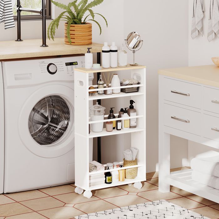 HOOBRO Chariot de Service, Desserte de à 4 Niveaux, roulettes avec Freins, pour Cuisine, Salle de Bain, Salon,Blanc et Couleur Bois