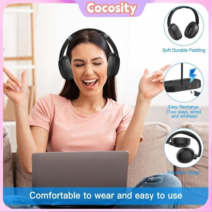Auriculares inalámbricos Cocosity para TV con base de carga: transmisor integrado, Bluetooth 5.4, sonido estéreo HiFi, conectar y usar.