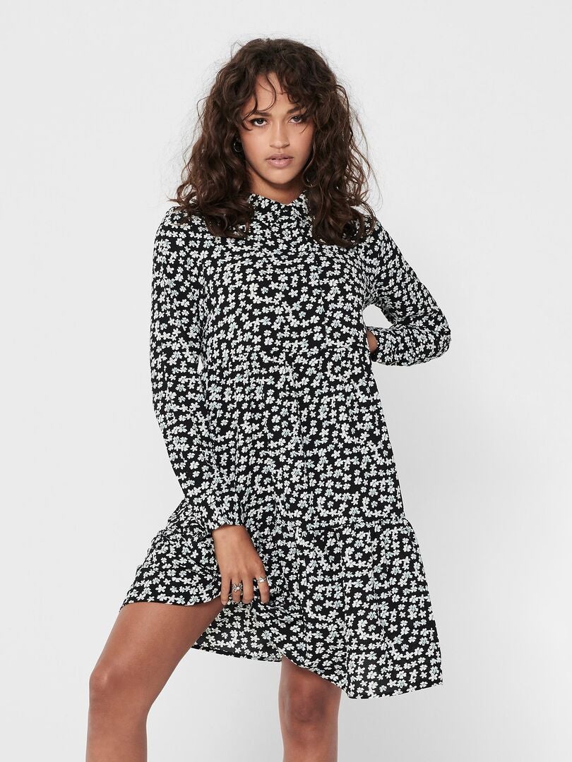Vestido curto tipo camisa com estampa floral 'JDY' - PRETO
