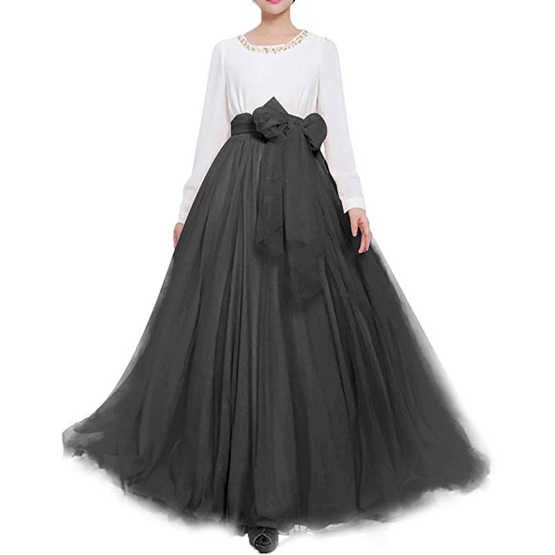 Jupe longue maxi bouffante en tulle pour femme, coupe trapèze, ceinture à nœud papillon, taille haute, idéale pour une soirée de mariage.