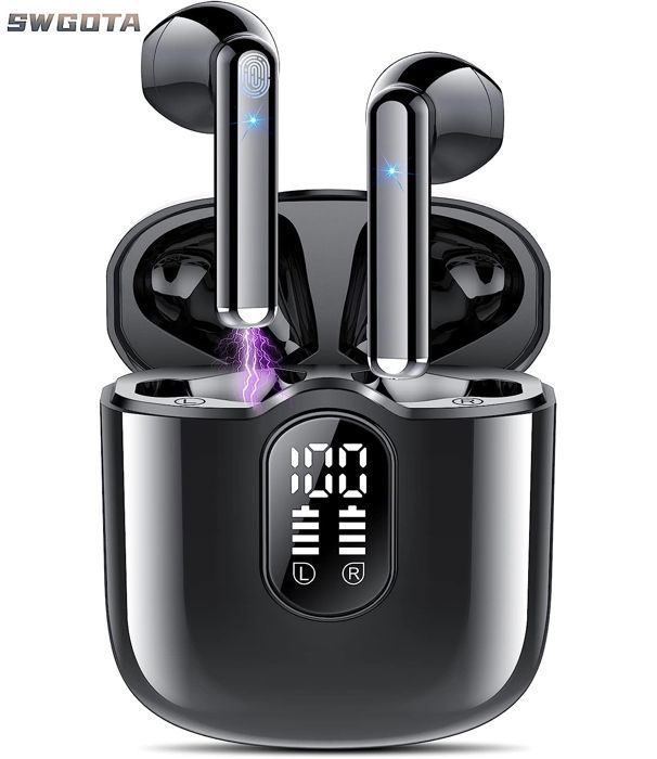 Auriculares inalámbricos Bluetooth 5.3 SWGOTA con micrófono estéreo HiFi, 40 horas de reproducción, pantalla LED, resistencia al agua IPX7 y control táctil.