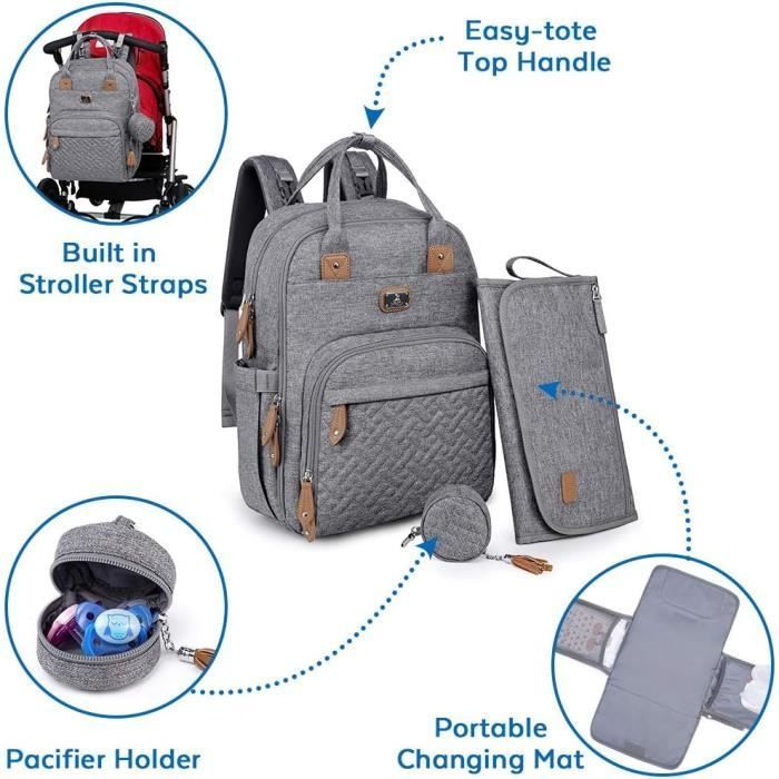 Sac à Dos à Langer Dikaslon - Grand Sac Avec Matelas à langer et Porte tétine Pour bébé Garçon et Fille, Sangles de Poussette - Sac