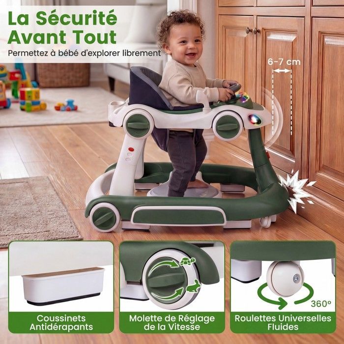 Trotteur Bébé Evolutif 7 en 1 COSTWAY-Hauteur/Vitesse Réglables-Lumières et Musique-Siège Amovible,Anti-basculement-Vert et Blanc