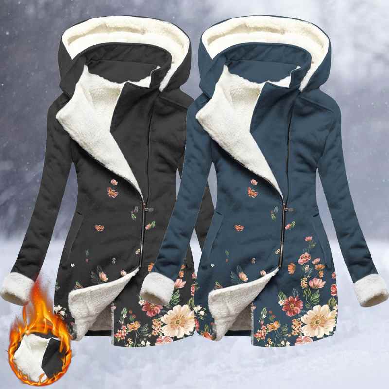 Vinterkåpe for damer, vinterplysjfleece, varm og tykk jakke, blomstertrykk, pelsfôret overfrakk, glidelåsjakke for kvinner