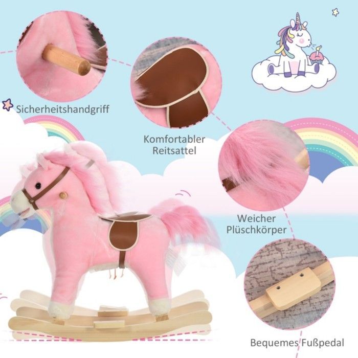 Pink Plush Rocking Horse Toy, 65x32.5x61cm - Animal Sounds - For Children 36-72 Months
