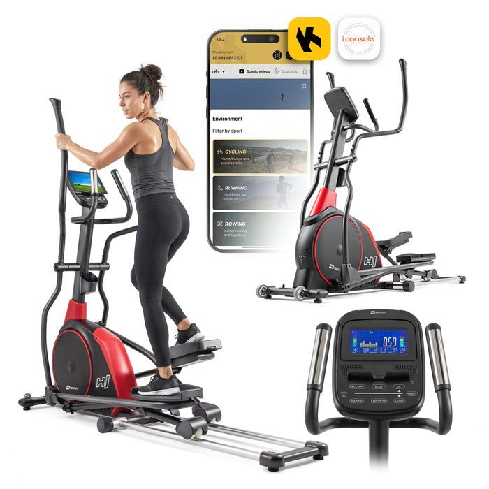 Taittuva crosstrainer, Hop-Sport HS-095CF Prizm, 30 kg vauhtipyörä, 135 kg maksimikäyttäjäpaino, iConsole+Training, punainen