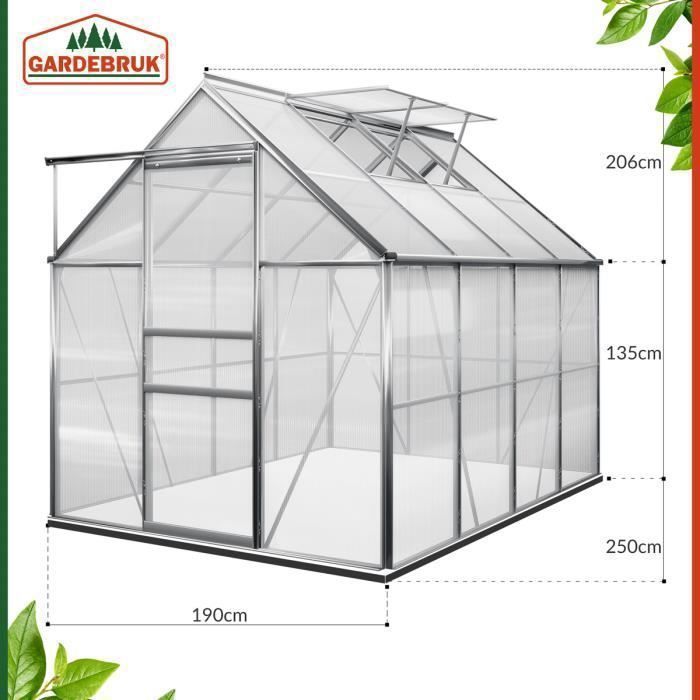 Serre de Jardin en alu 7,6m³ avec fenêtres et gouttière + Fondation/Base Culture Plantes 250x190x195