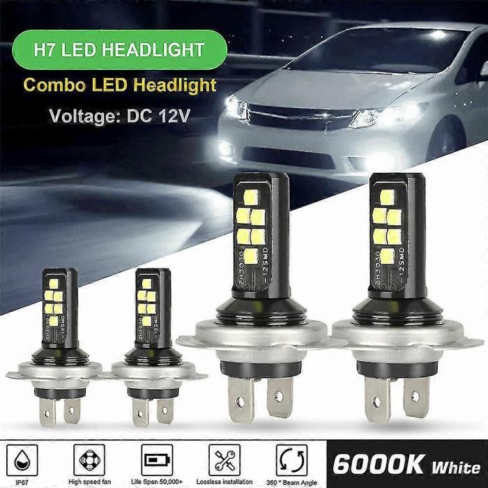 Kit de 4 ampoules de phares LED H7, feux de croisement et de route, 120 W, 60 000 lm, ultra-lumineuses, blanc 6 000 K