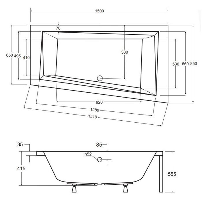 Hoekbad 150x85 links + hoofdsteun, badafvoer en 4-in-1 voetsteun