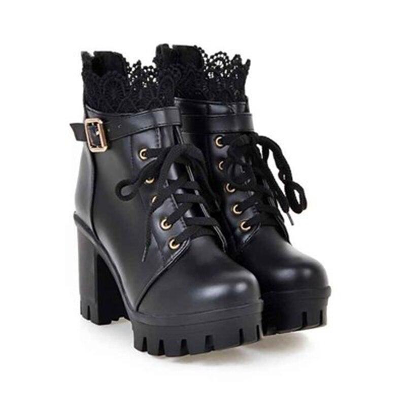 Bottes courtes tendance printemps pour femmes, talons hauts, plateforme, boucle, lacets, cuir noir, bonne qualité NO132