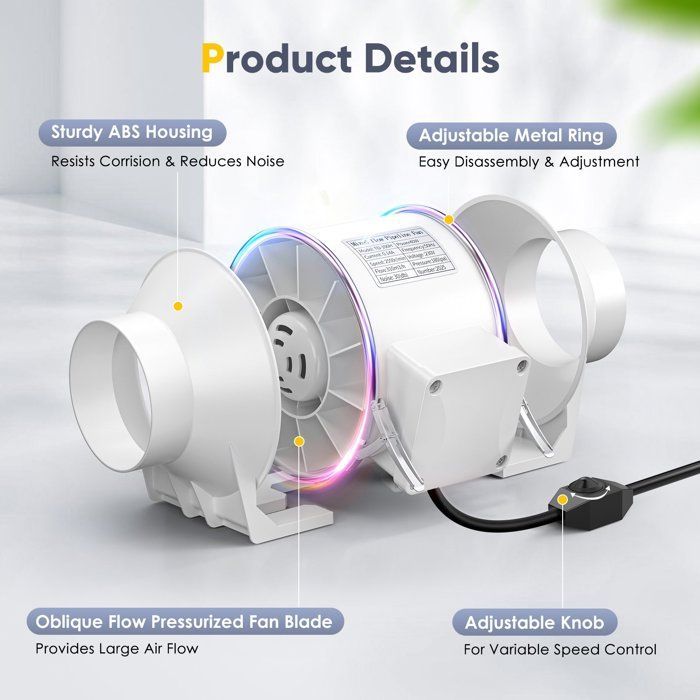 Ventilador de duto de 4 polegadas, 310 m³/h, velocidade variável, baixo ruído de 30 dB, IPX2 para ventilação de banheiro e cozinha.